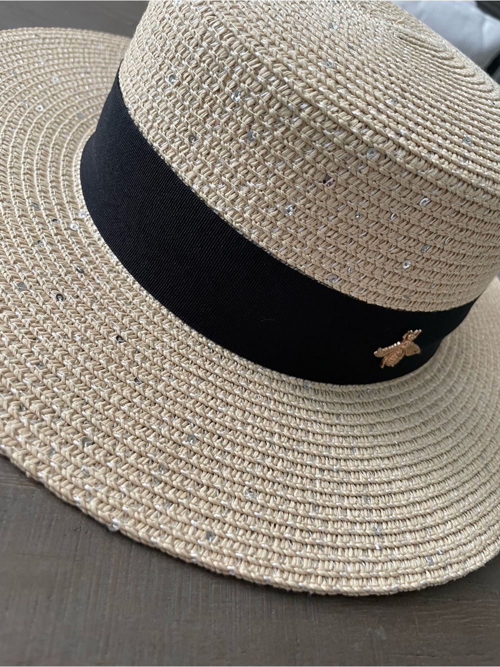 Straw Bee Hat with Black Band and Gold Bee Pin silver sequin sequins gg - Picture 5 of 10